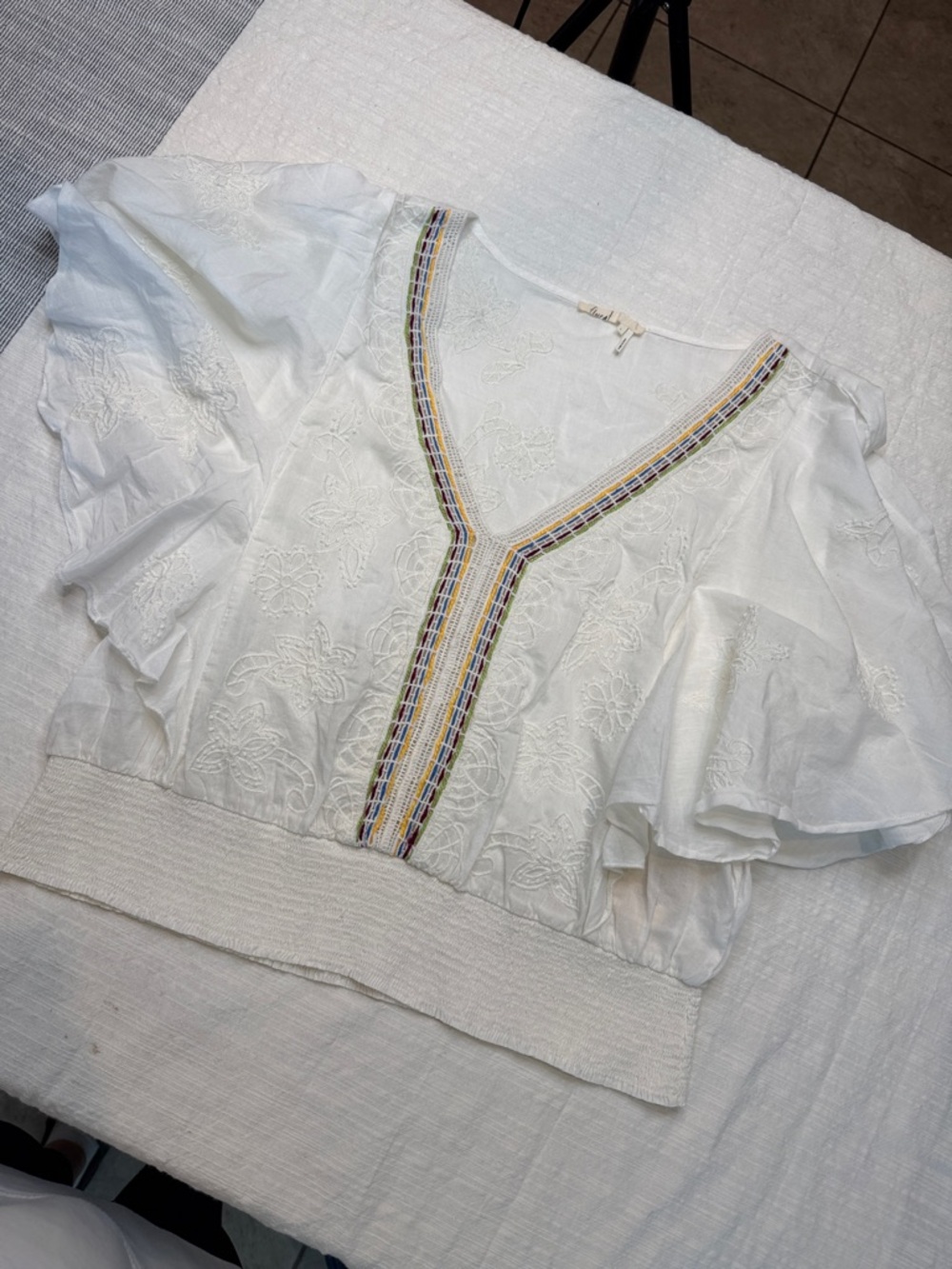 Floreat White Embroidered V-Neck Ruffle Sleeve Top with Multicolor Trim large